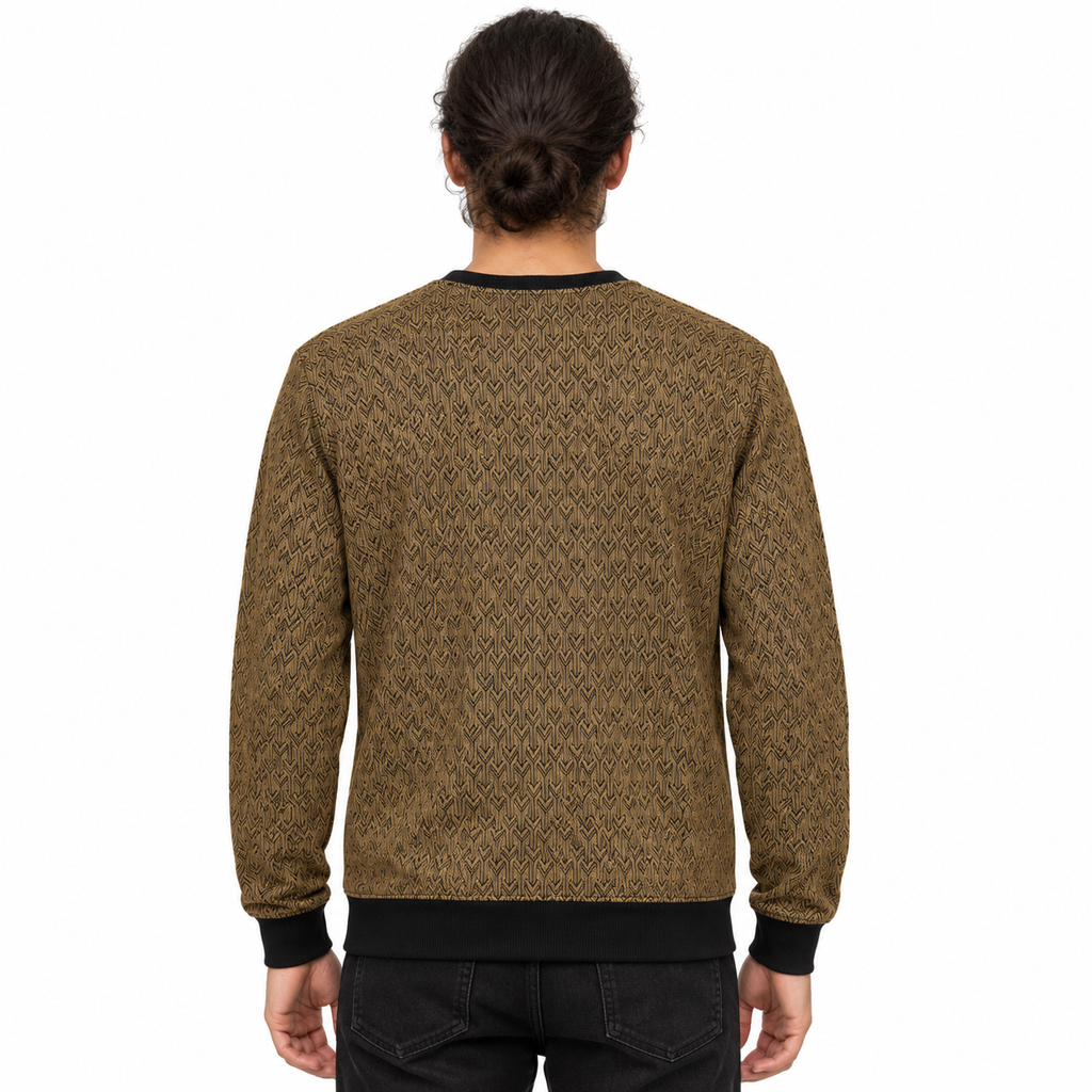 Graphite Brown Geo-Jacquard Full-Sleeve Tee | Relaxed Fit
