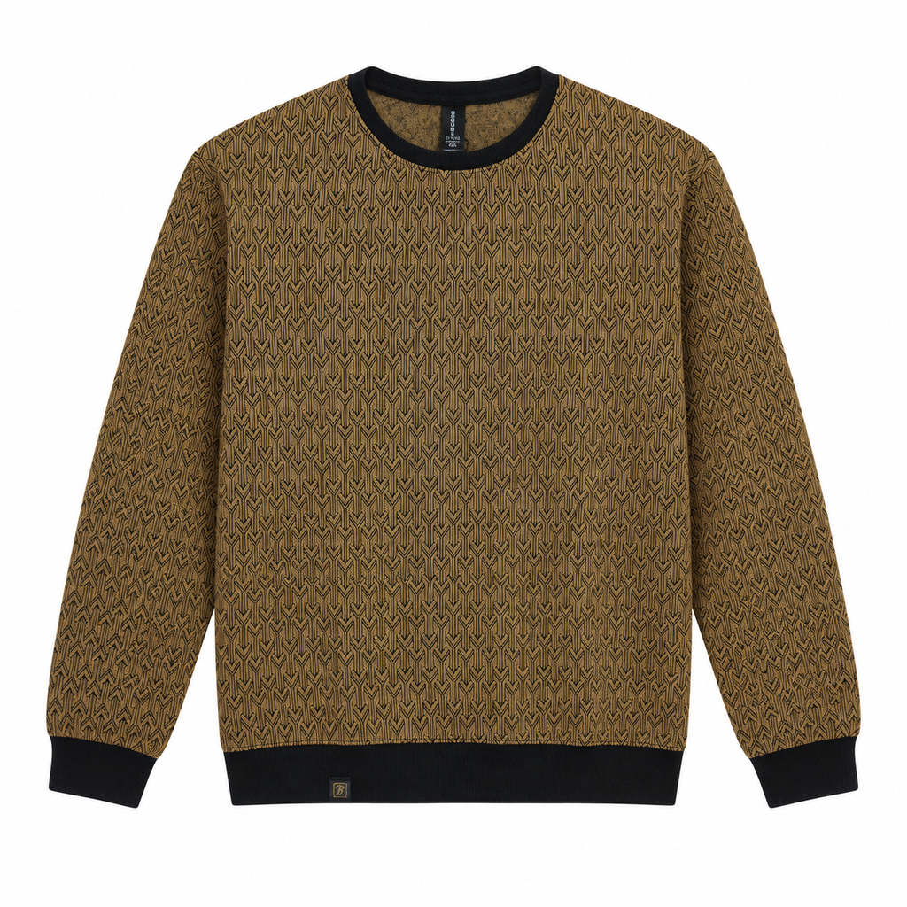 Graphite Brown Geo-Jacquard Full-Sleeve Tee | Relaxed Fit