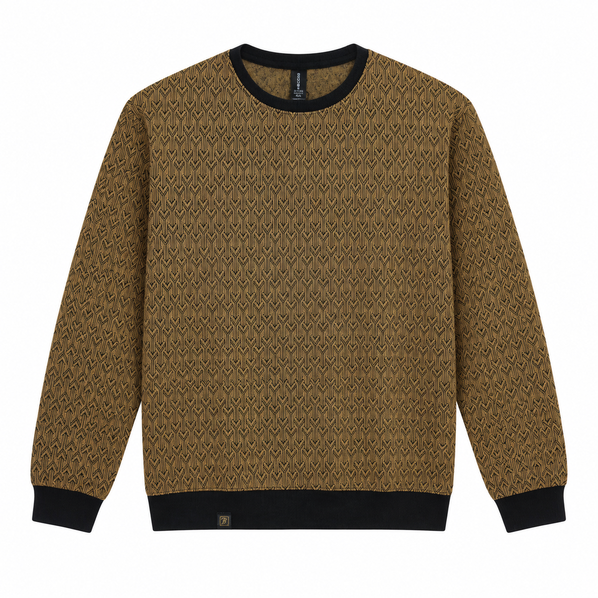 Graphite Brown Geo-Jacquard Full-Sleeve Tee | Relaxed Fit