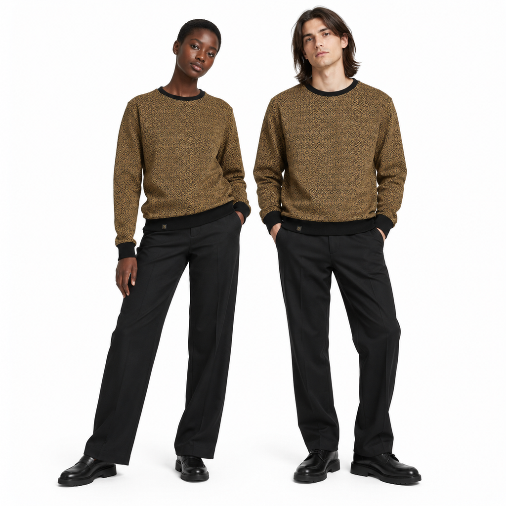 Graphite Brown Geo-Jacquard Full-Sleeve Tee | Relaxed Fit