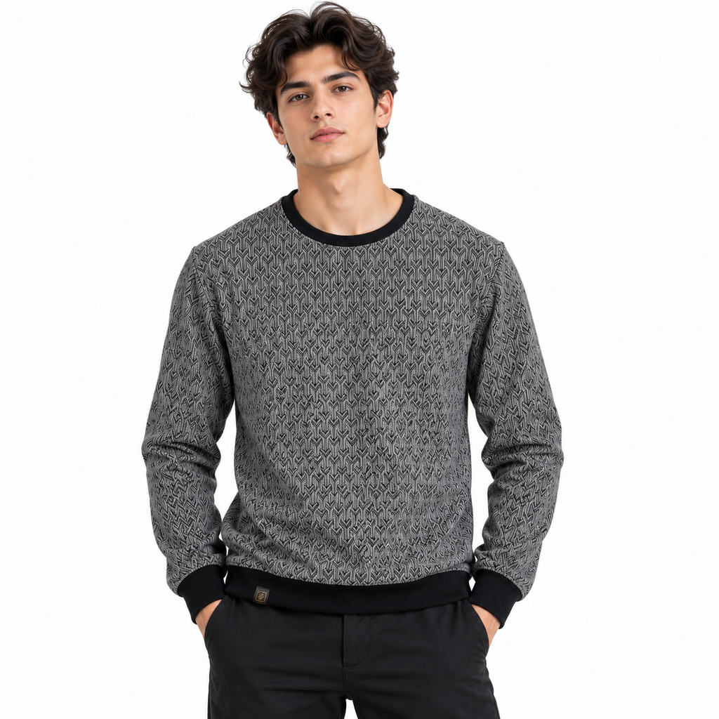 Graphite Grey Geo-Jacquard Full-Sleeve Tee | Relaxed Fit