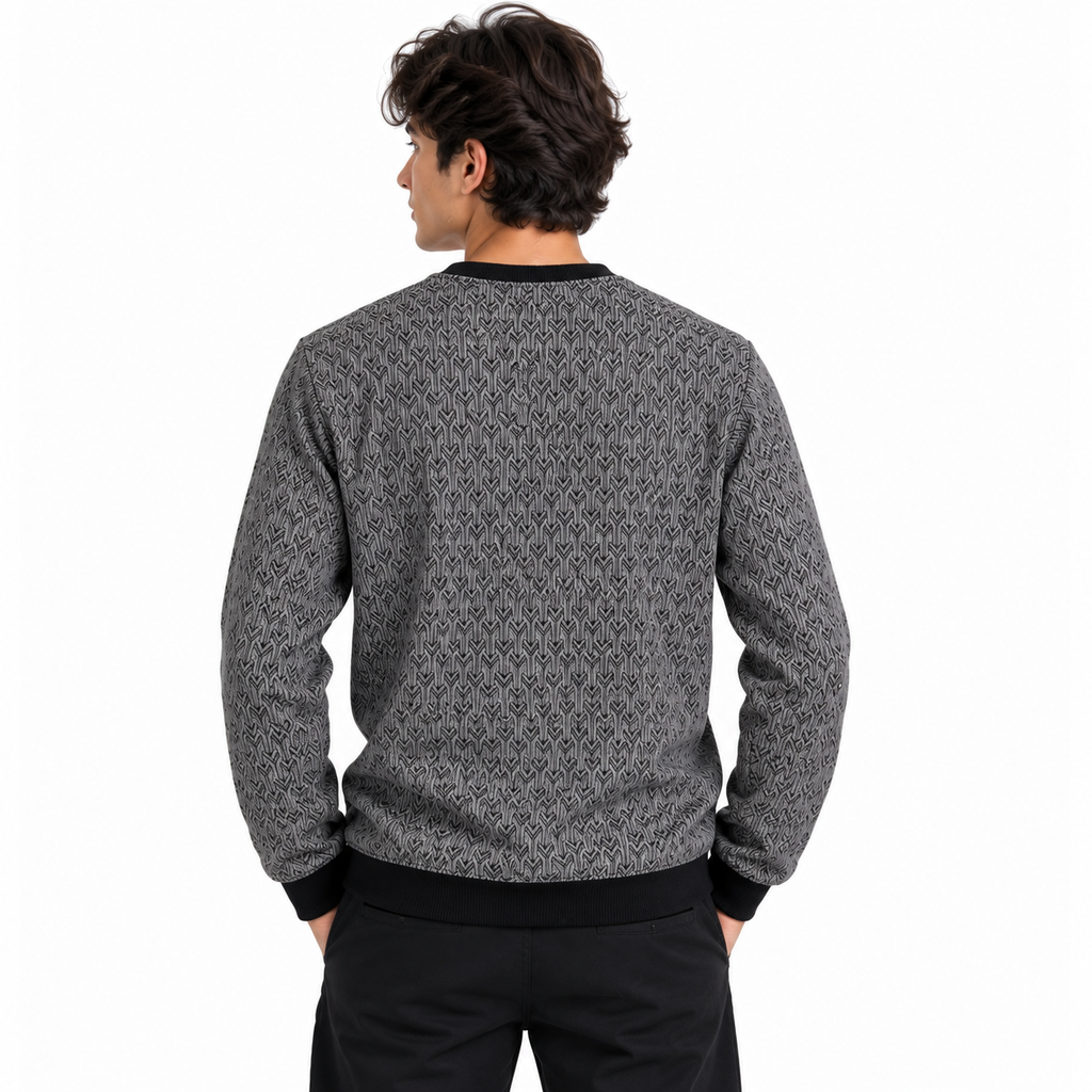 Graphite Grey Geo-Jacquard Full-Sleeve Tee | Relaxed Fit