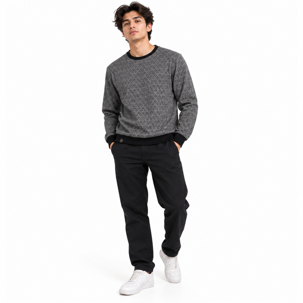 Graphite Grey Geo-Jacquard Full-Sleeve Tee | Relaxed Fit
