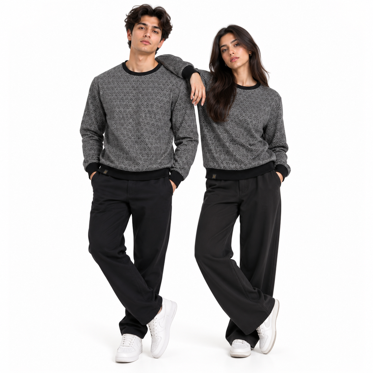 Graphite Grey Geo-Jacquard Full-Sleeve Tee | Relaxed Fit