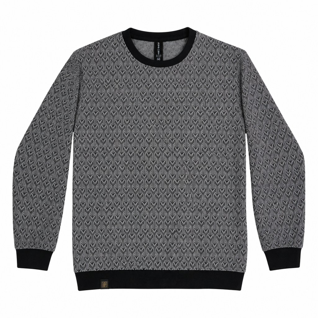 Graphite Grey Geo-Jacquard Full-Sleeve Tee | Relaxed Fit