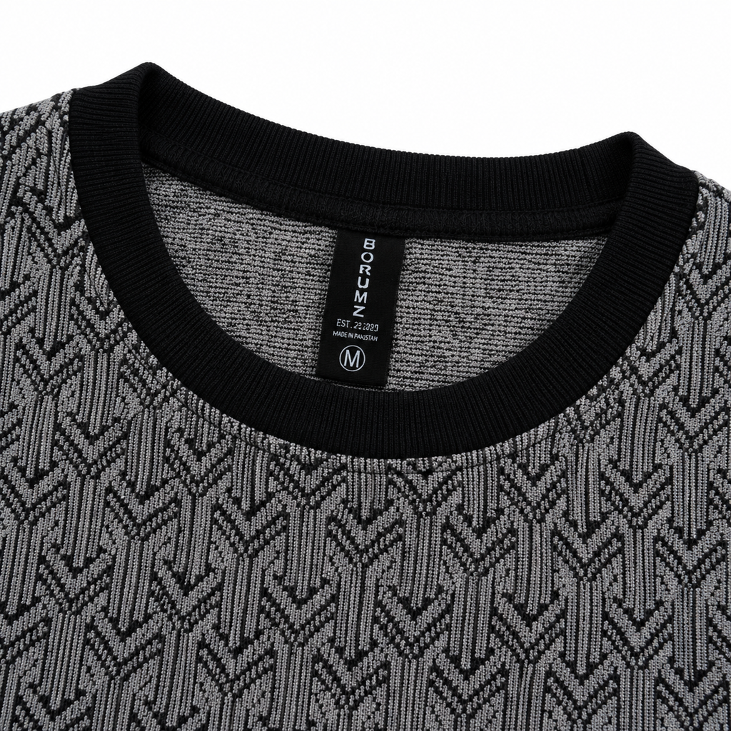 Graphite Grey Geo-Jacquard Full-Sleeve Tee | Relaxed Fit