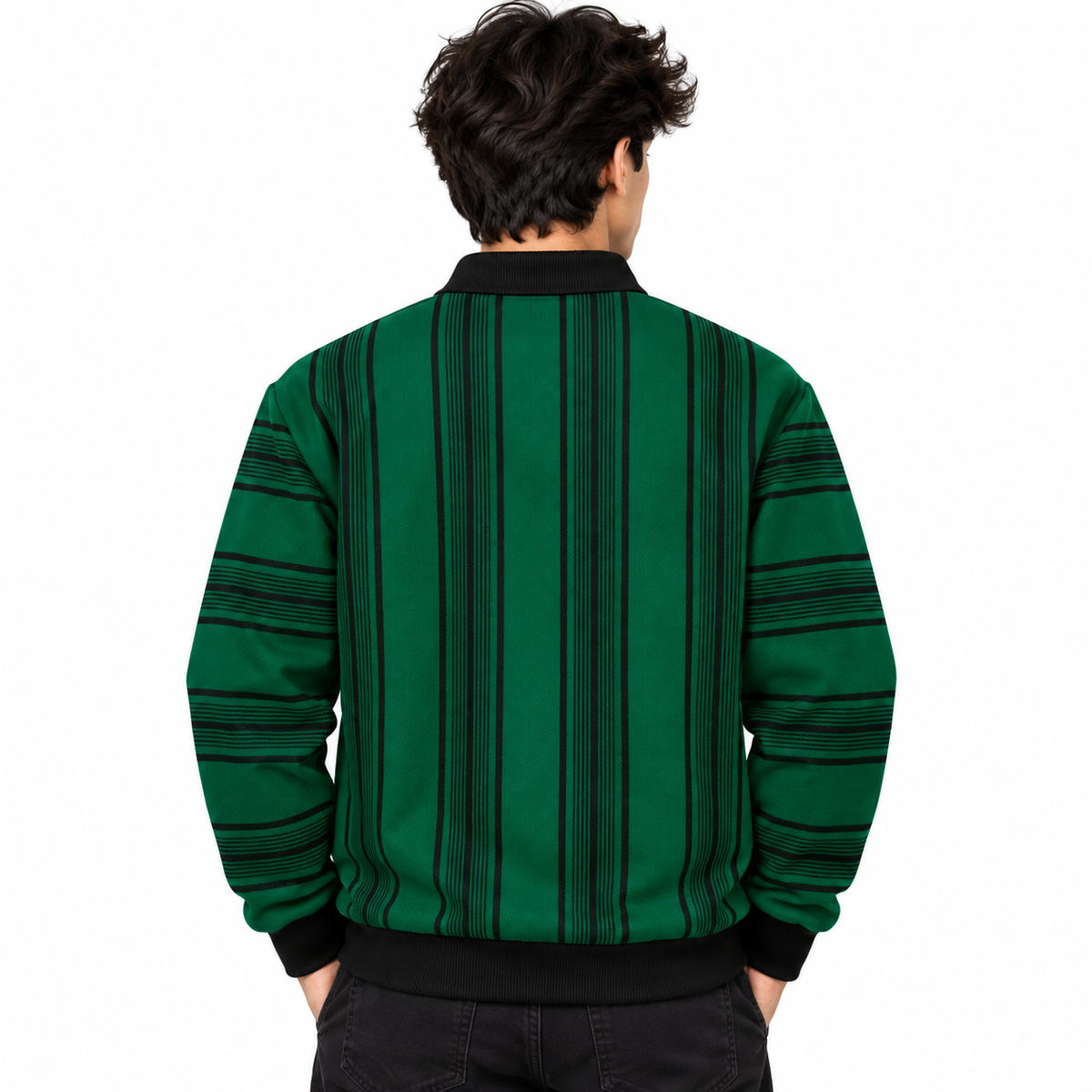 Green & Black Striped Half-Zip Polo Sweatshirt – Unisex