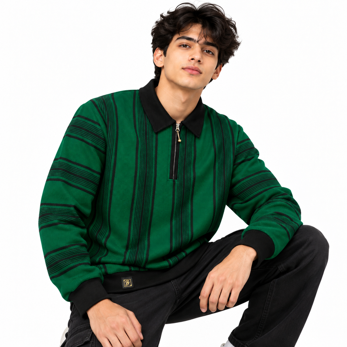 Green & Black Striped Half-Zip Polo Sweatshirt – Unisex