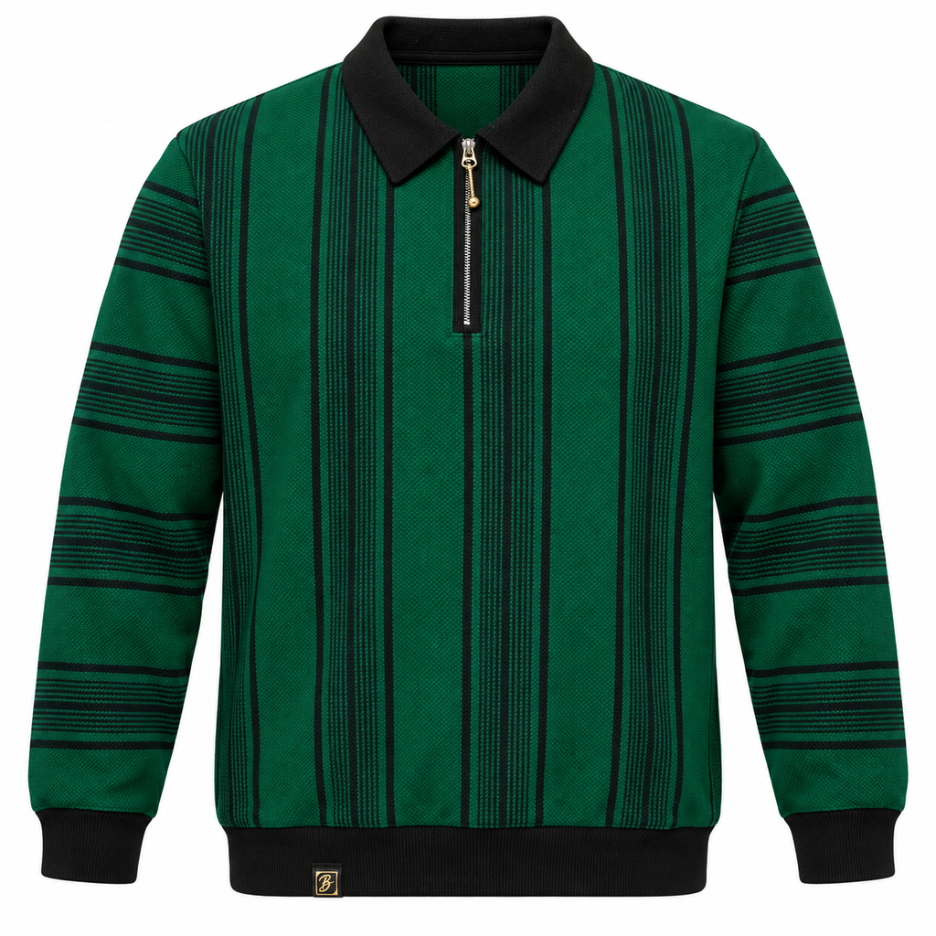 Green & Black Striped Half-Zip Polo Sweatshirt – Unisex