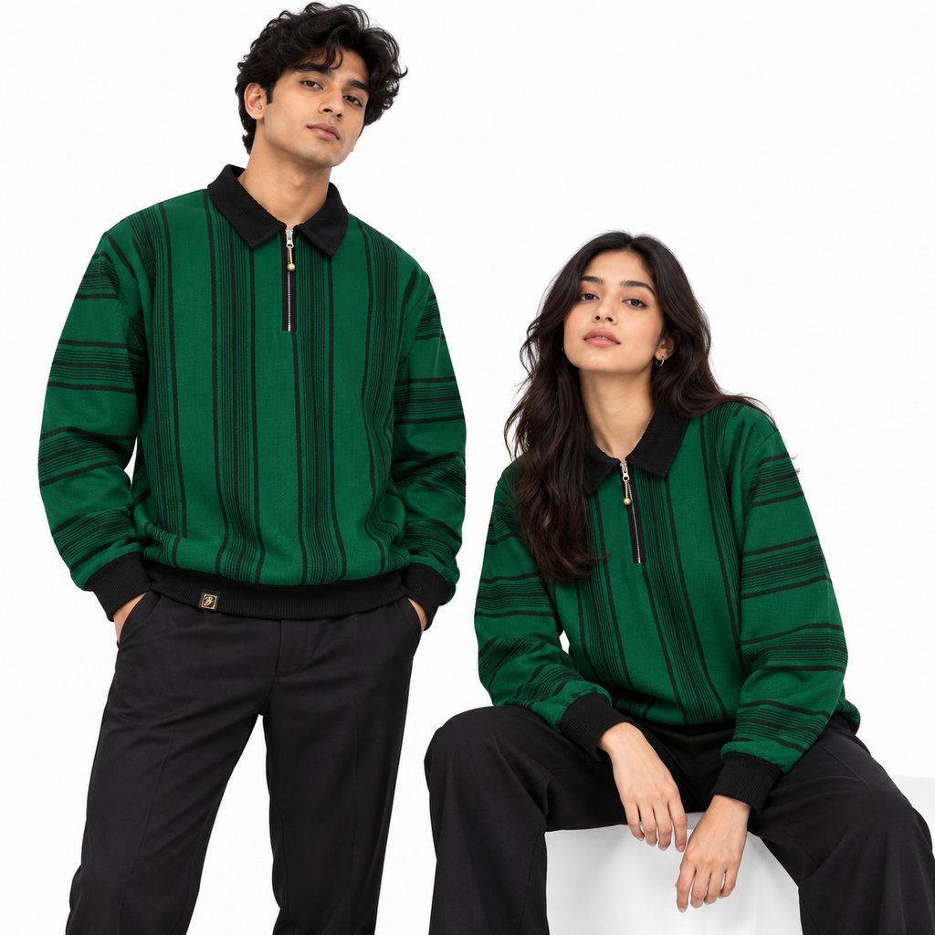 Green & Black Striped Half-Zip Polo Sweatshirt – Unisex