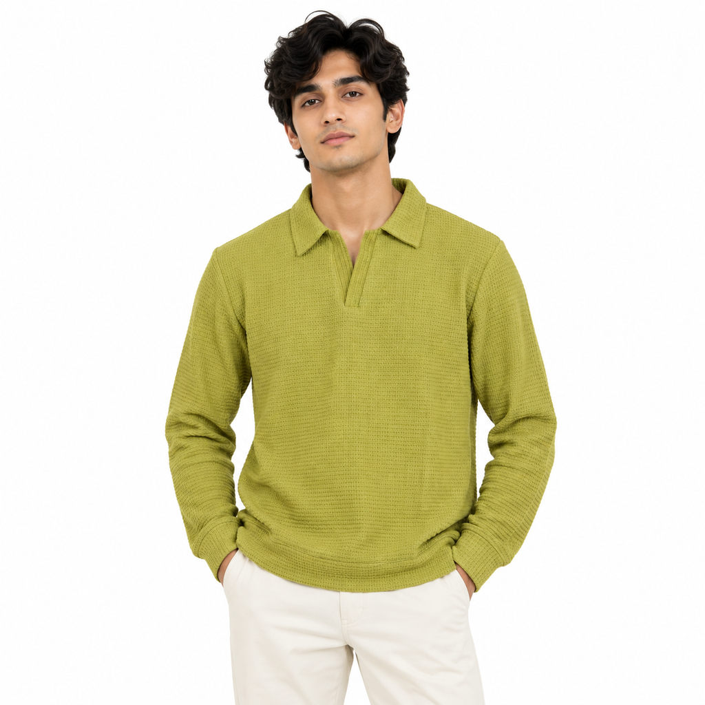 Greening Textured Open-Collar Full-Sleeve Polo Tee | Relaxed Fit