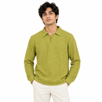 Greening Textured Open-Collar Full-Sleeve Polo Tee | Relaxed Fit