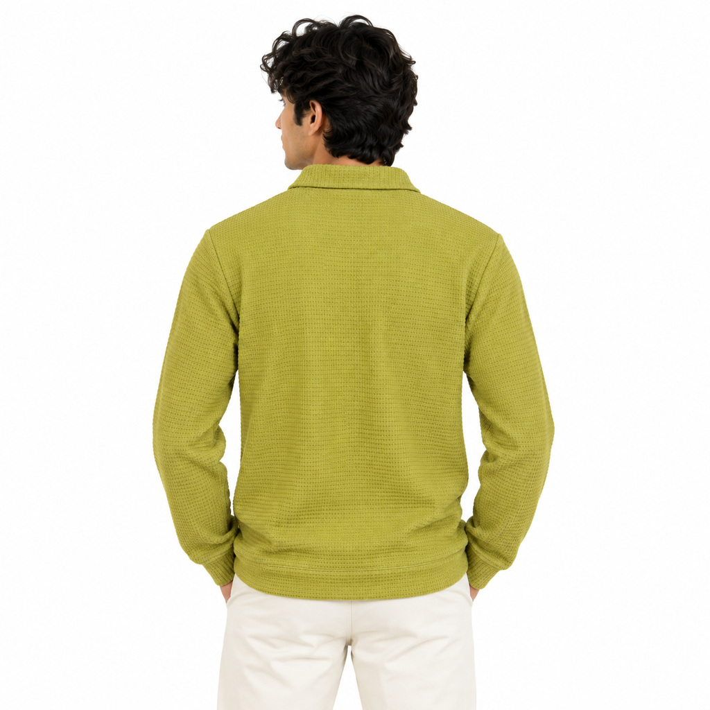 Greening Textured Open-Collar Full-Sleeve Polo Tee | Relaxed Fit