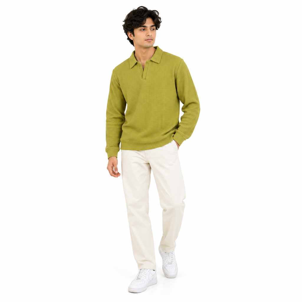 Greening Textured Open-Collar Full-Sleeve Polo Tee | Relaxed Fit