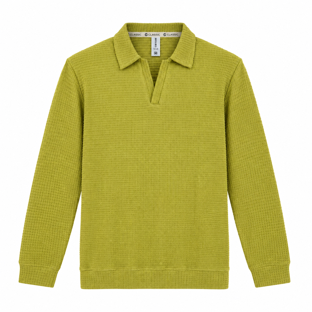 Greening Textured Open-Collar Full-Sleeve Polo Tee | Relaxed Fit