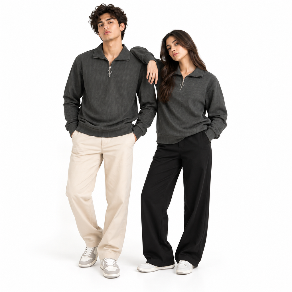 Grey Jacquard Open-Collar Full-Sleeve Polo Tee | Relaxed Fit