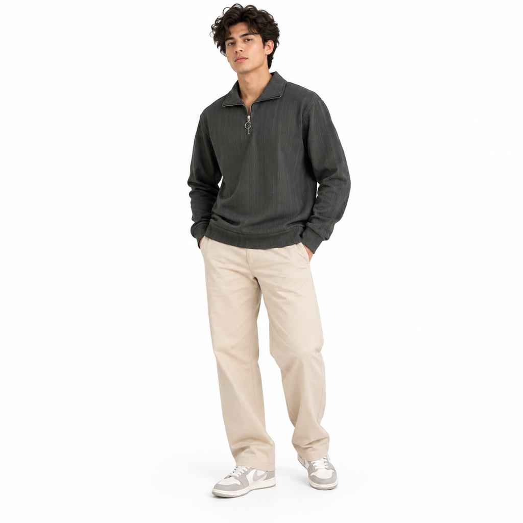 Grey Jacquard Open-Collar Full-Sleeve Polo Tee | Relaxed Fit