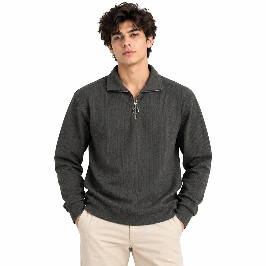 Grey Jacquard Open-Collar Full-Sleeve Polo Tee | Relaxed Fit