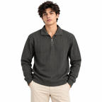 Grey Jacquard Open-Collar Full-Sleeve Polo Tee | Relaxed Fit
