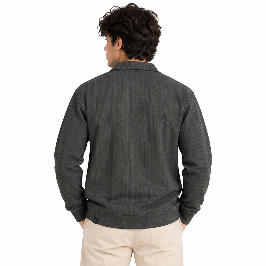 Grey Jacquard Open-Collar Full-Sleeve Polo Tee | Relaxed Fit