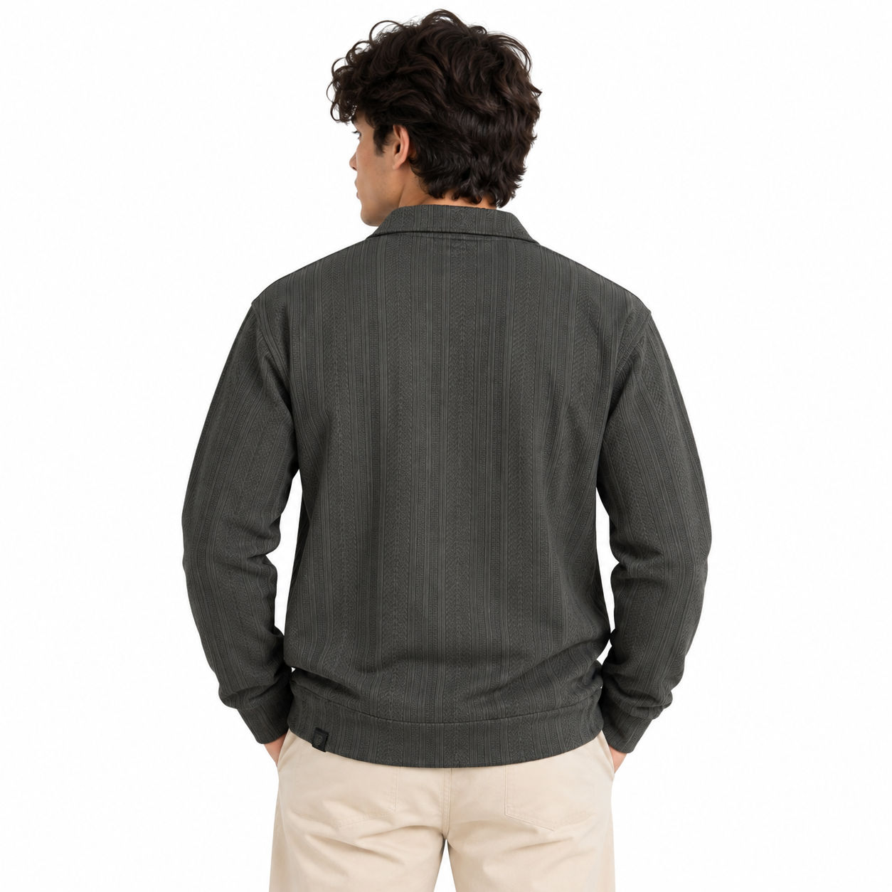 Grey Jacquard Open-Collar Full-Sleeve Polo Tee | Relaxed Fit