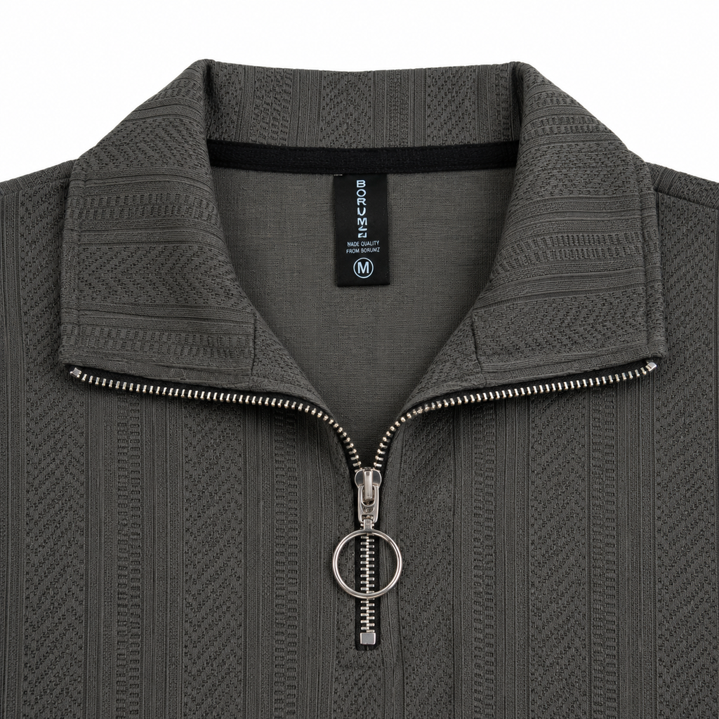 Grey Jacquard Open-Collar Full-Sleeve Polo Tee | Relaxed Fit