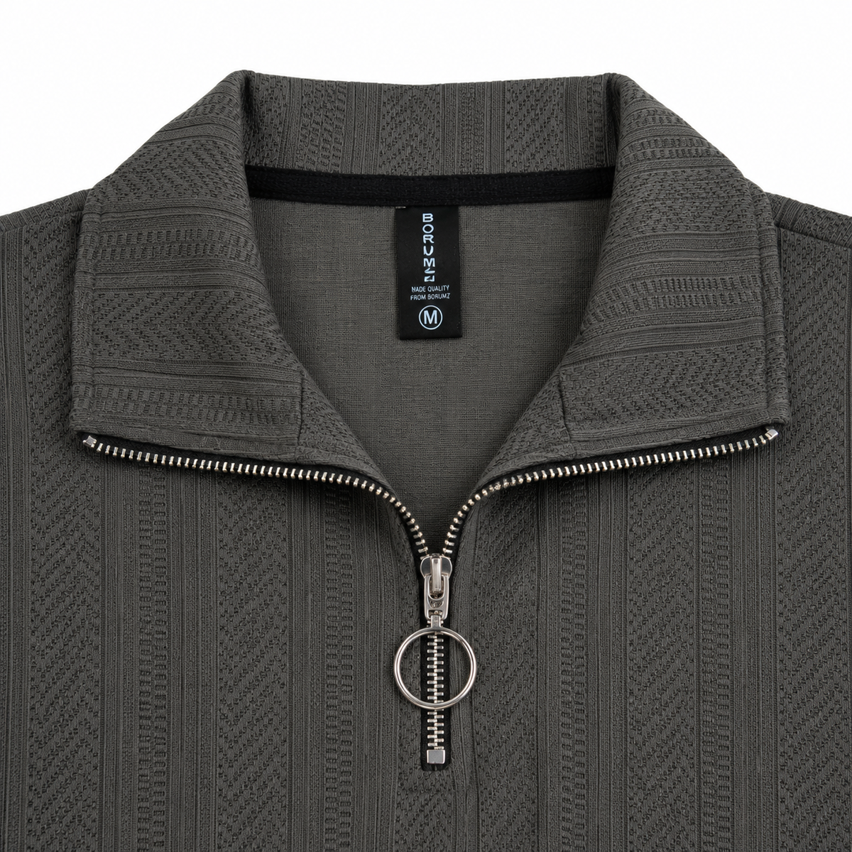 Grey Jacquard Open-Collar Full-Sleeve Polo Tee | Relaxed Fit