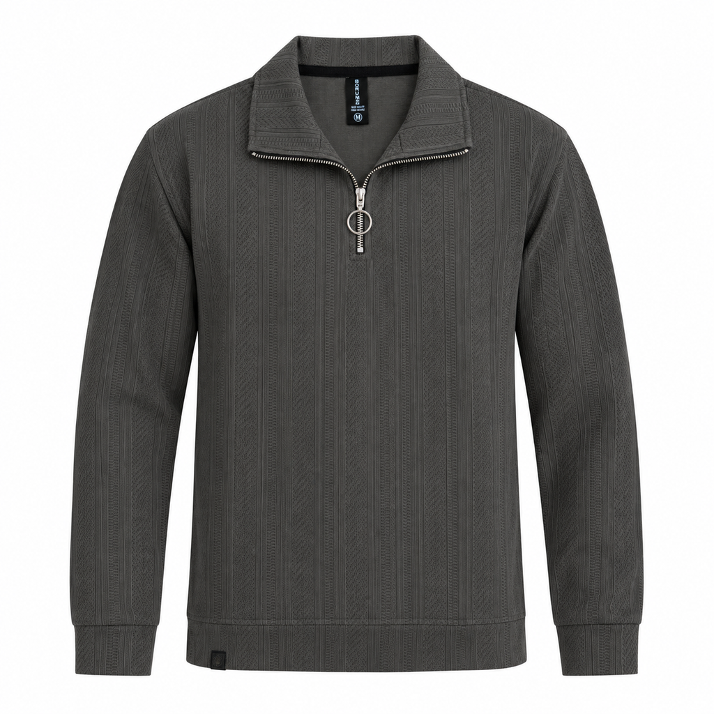 Grey Jacquard Open-Collar Full-Sleeve Polo Tee | Relaxed Fit