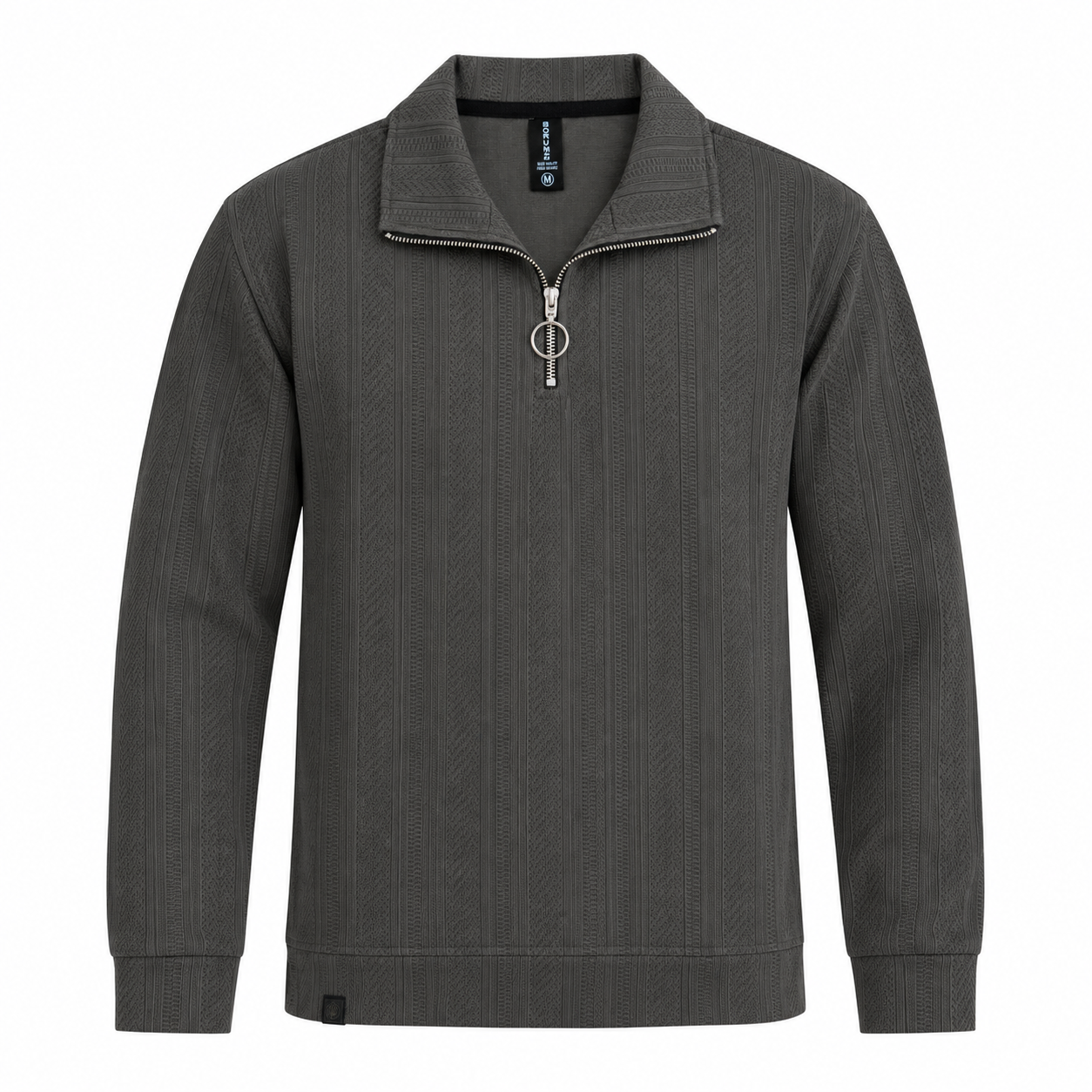 Grey Jacquard Open-Collar Full-Sleeve Polo Tee | Relaxed Fit