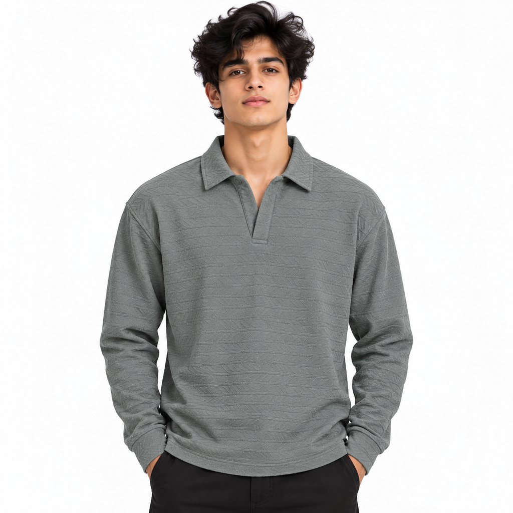 Grey Textured Dry-Fit Polo Shirt – Unisex Long Sleeve