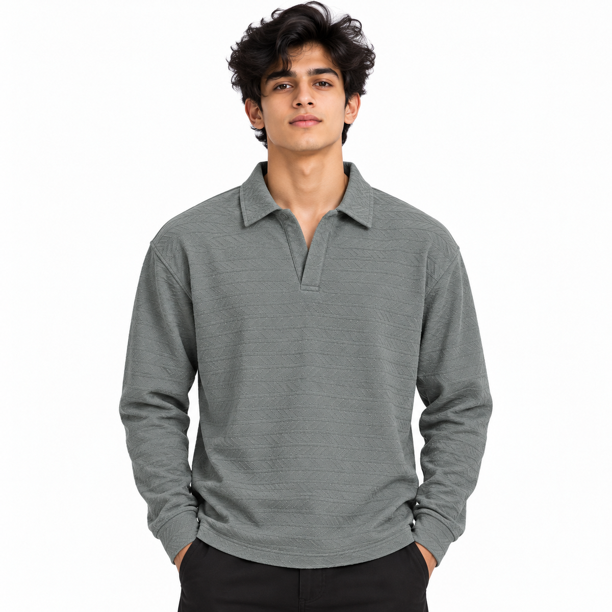 Grey Textured Dry-Fit Polo Shirt – Unisex Long Sleeve