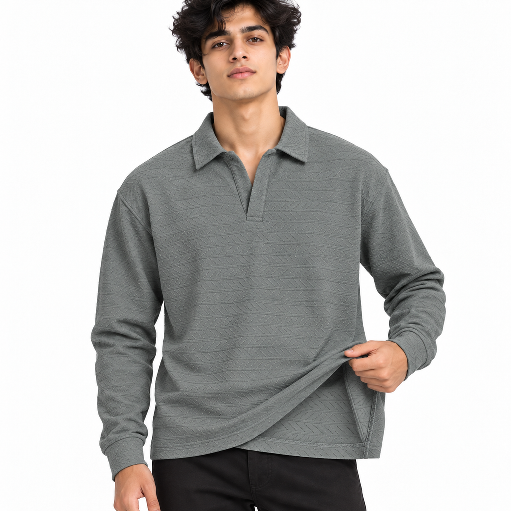 Grey Textured Dry-Fit Polo Shirt – Unisex Long Sleeve