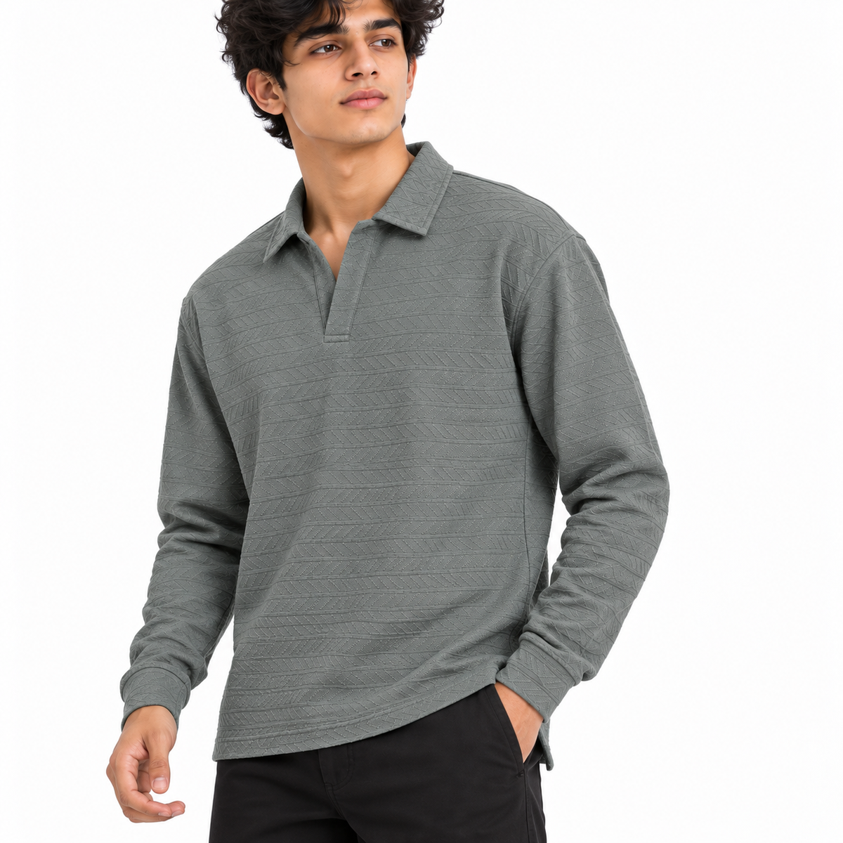 Grey Textured Dry-Fit Polo Shirt – Unisex Long Sleeve