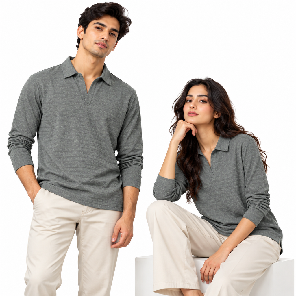 Grey Textured Dry-Fit Polo Shirt – Unisex Long Sleeve