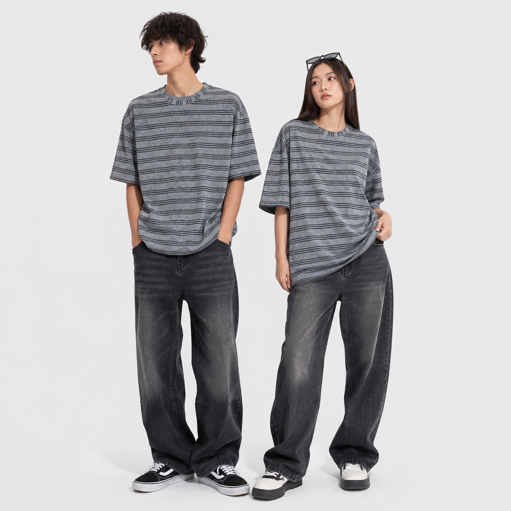 Grey & Black Striped Oversized T-Shirt