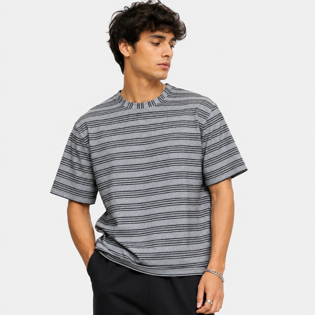 Grey & Black Striped Oversized T-Shirt