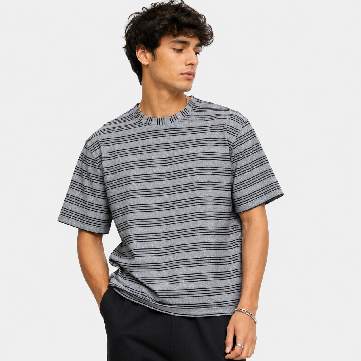 Grey & Black Striped Oversized T-Shirt
