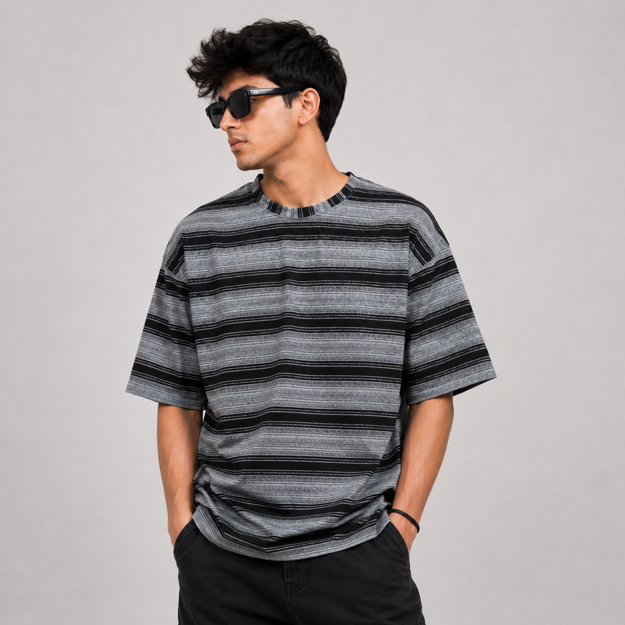 Grey & Black Wide Striped Oversized T-Shirt
