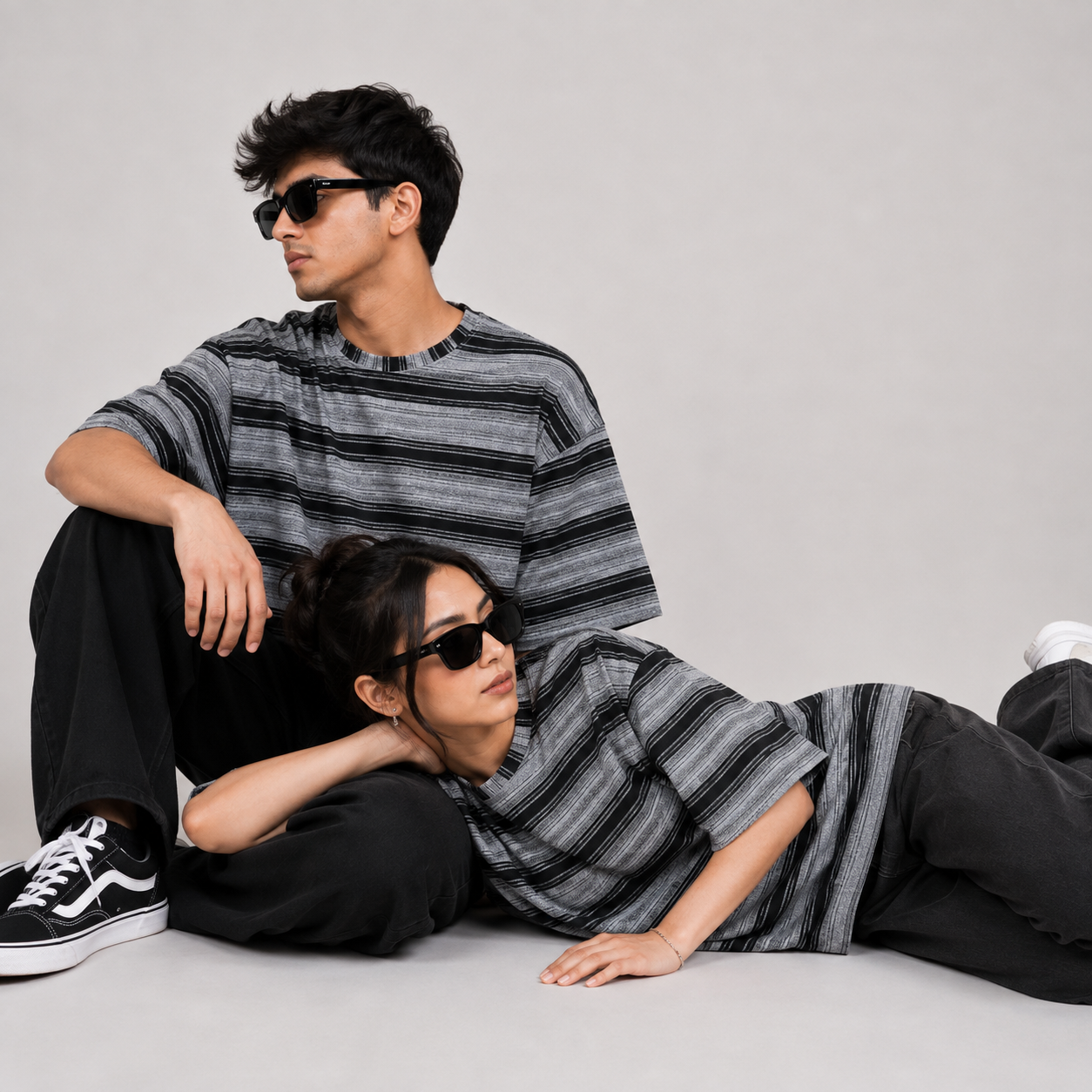 Grey & Black Wide Striped Oversized T-Shirt