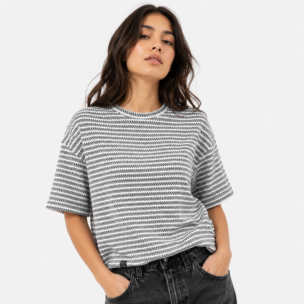Grey & White Textured Stripe Drop Shoulder T-Shirt