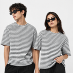 Grey & White Textured Stripe Drop Shoulder T-Shirt