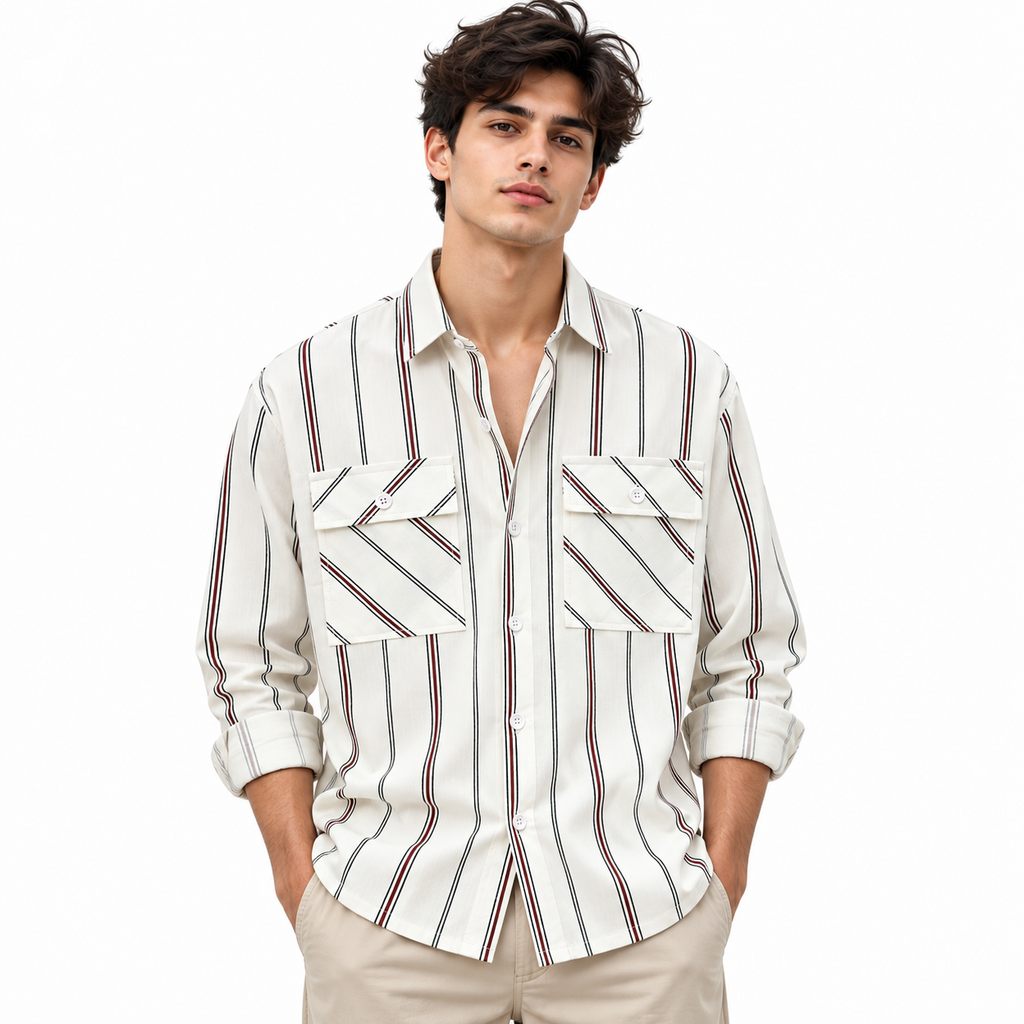 Ivory Vertical Striped Double Pocket Shirt – Unisex
