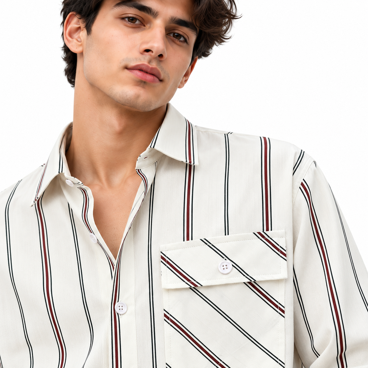 Ivory Vertical Striped Double Pocket Shirt – Unisex