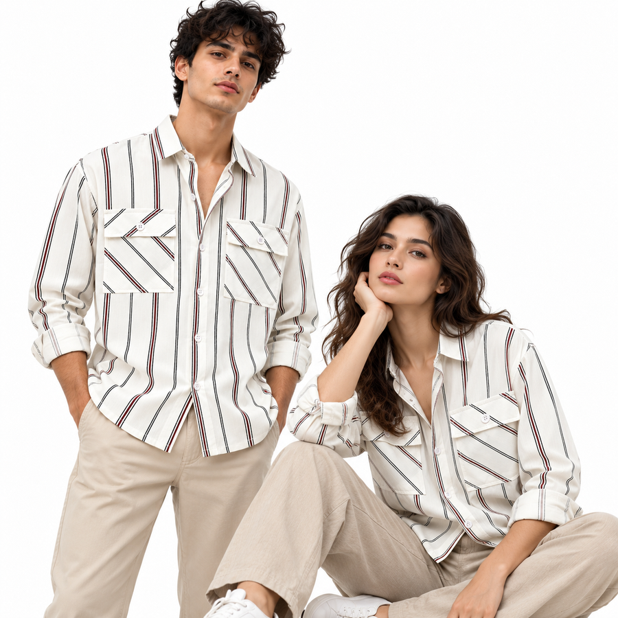 Ivory Vertical Striped Double Pocket Shirt – Unisex