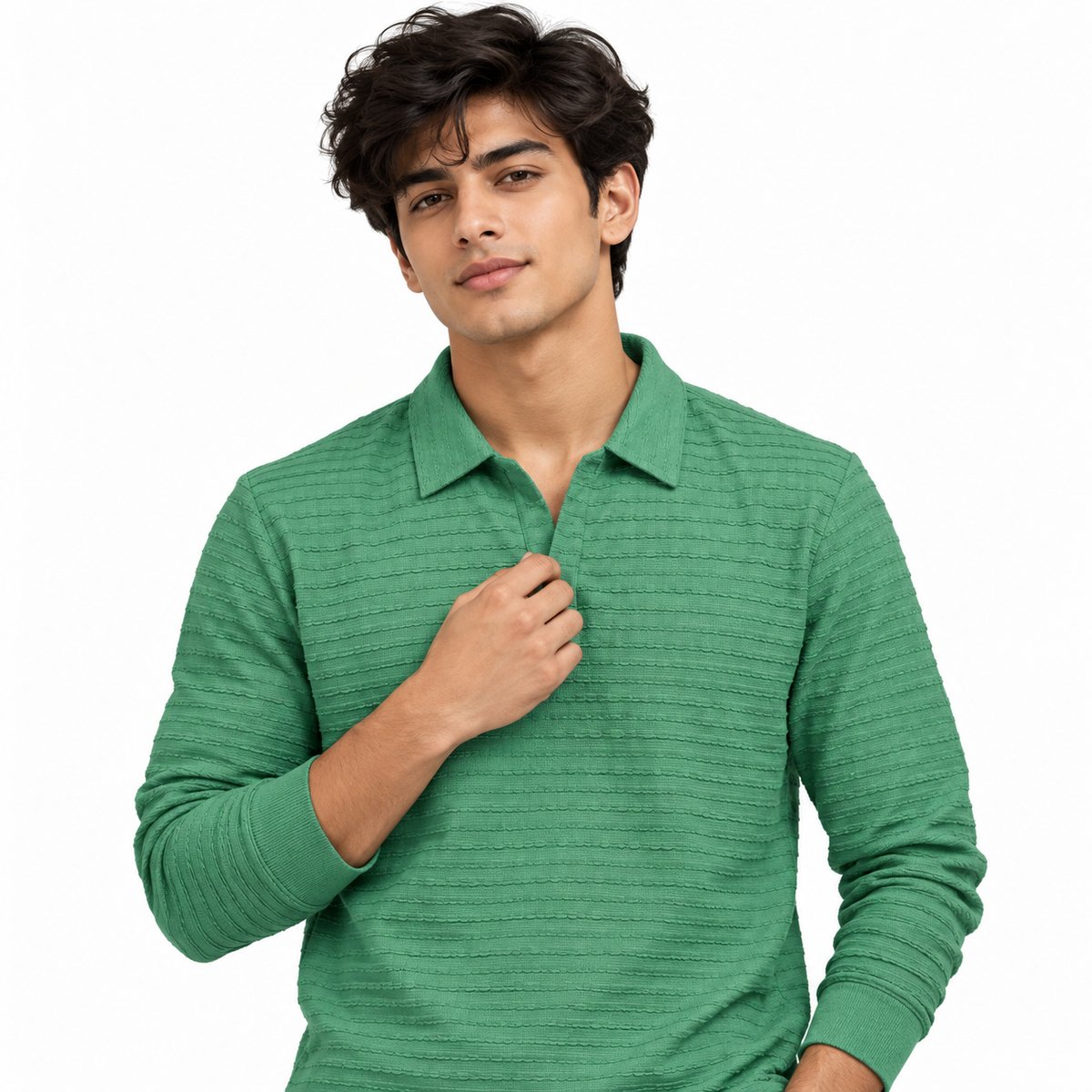 Jade Textured Knit Polo Full Sleeve Sweatshirt – Unisex