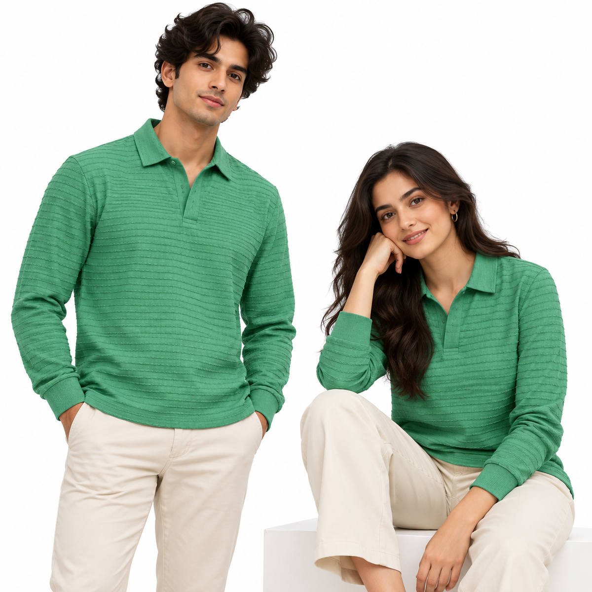 Jade Textured Knit Polo Full Sleeve Sweatshirt – Unisex