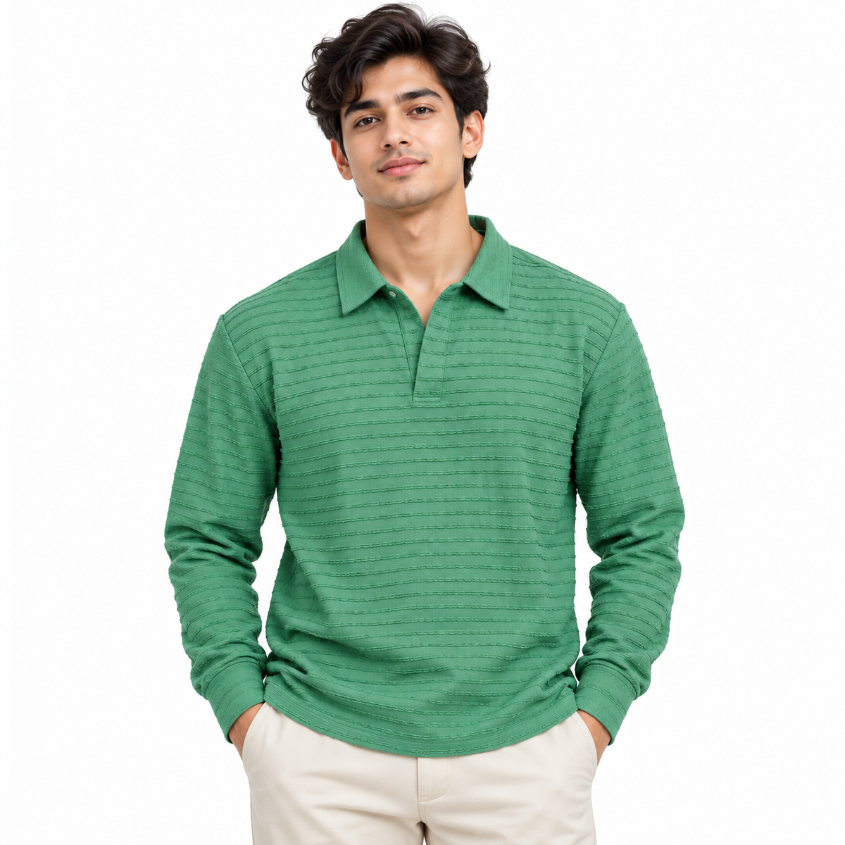 Jade Textured Knit Polo Full Sleeve Sweatshirt – Unisex