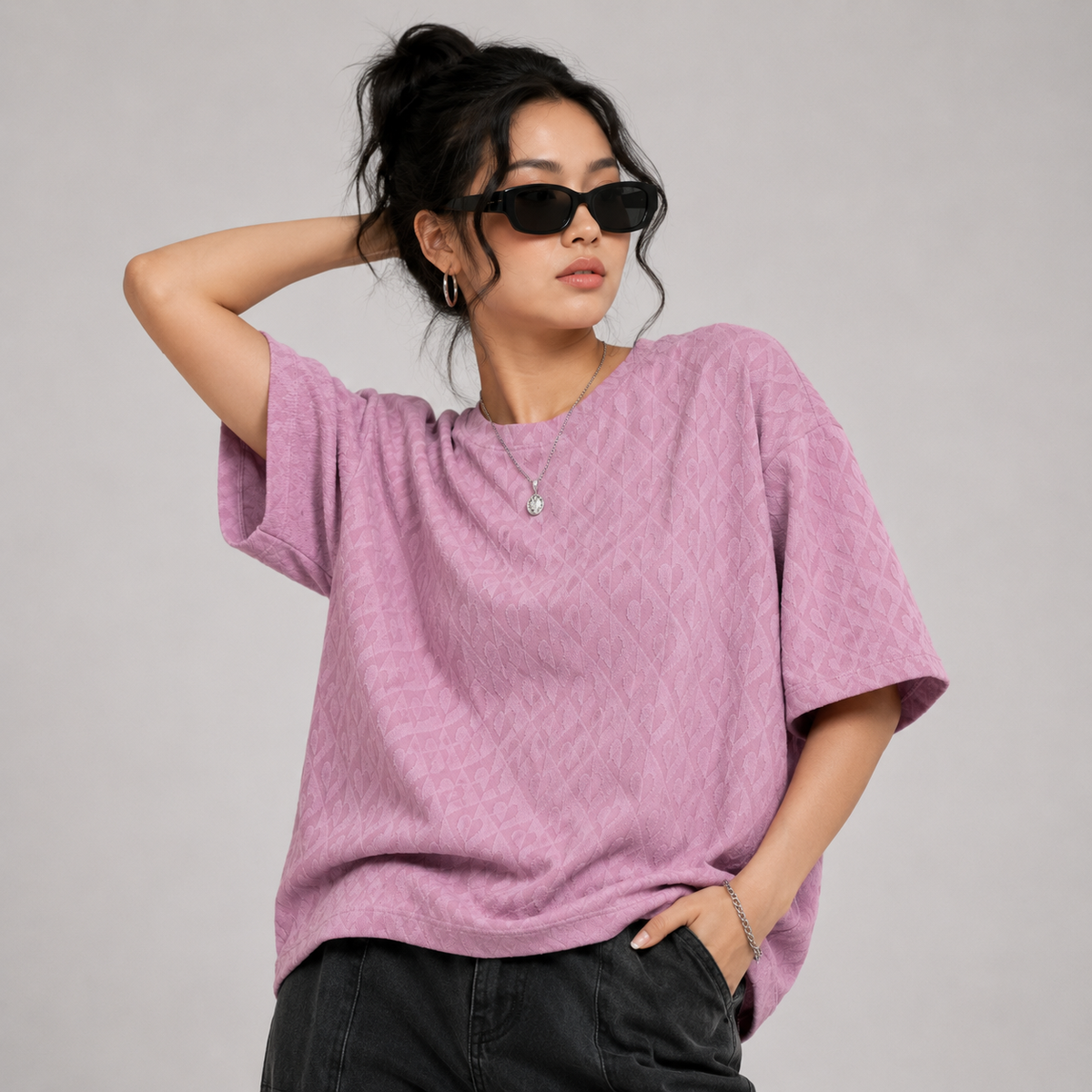 Jumper Baggy T-Shirt - Heart Embossed Textured Knit