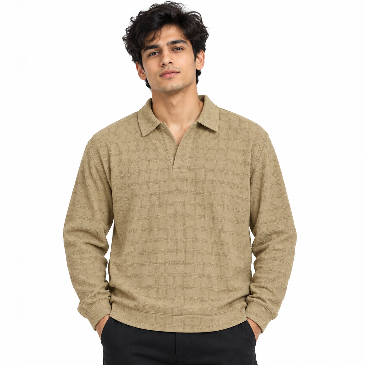 Khakhi Checkerboard Textured Crewneck Sweatshirt – Unisex
