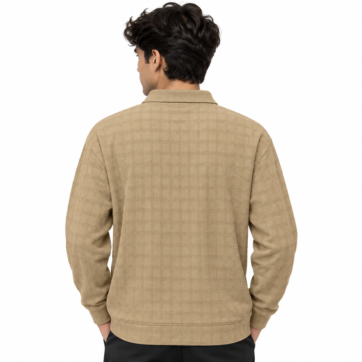 Khakhi Checkerboard Textured Crewneck Sweatshirt – Unisex